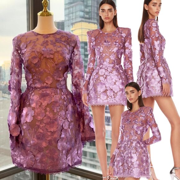 🆕 BRONX & BANCO 🧿 NWOT Bouquet Maraya Long Sleeve Mini Dress, Lilac Sz L US 8